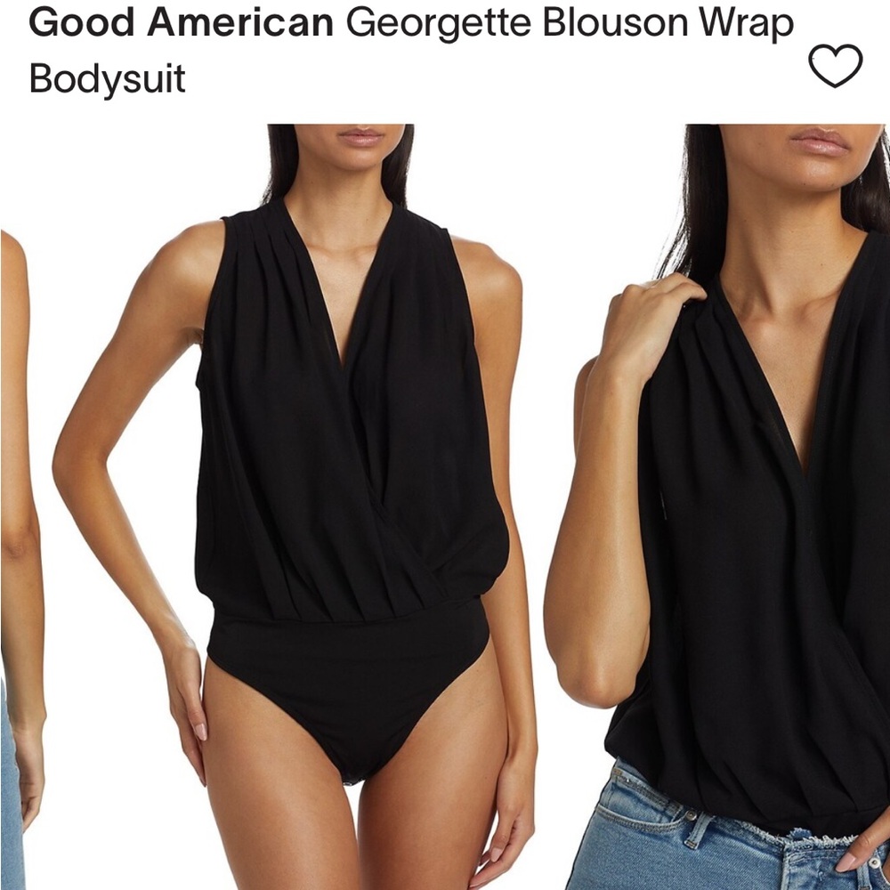 Good American Black Georgette Blouson Wrap Bodysuit